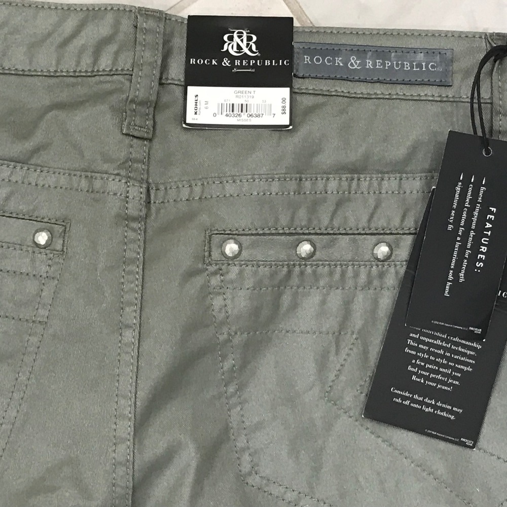 Rock & Republic Harlett Trouser Pants Olive Green Studded Slim Straight 6M NEW - Picture 6 of 9